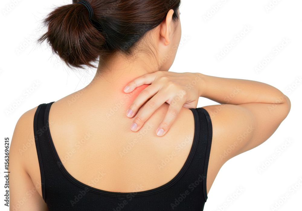 Workday woes: Young Asian woman battles stiff back and neck pain, self-massaging sore shoulders after a long day. Workday woes: Young Asian woman battles stiff back and neck pain, self-massaging sore shoulders after a long day.