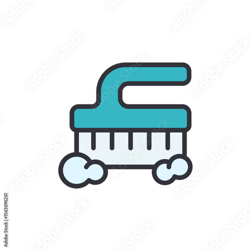 Stylized Icon Of Cleaning Scrub Brush With Bubbles On Transparent