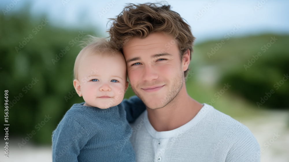 Fototapeta premium Father and son enjoying playful moments outdoors on Father's Day.