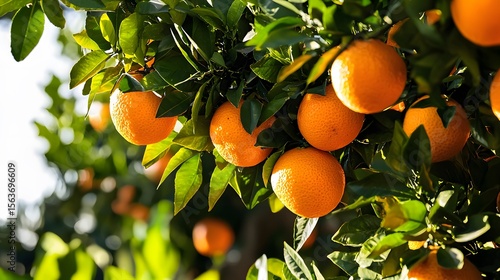 A vibrant close-up showcases ripe oranges hanging heavily from a lush green orange tree branch in a sunny grove providing ample copy space for text ideal for food packaging or