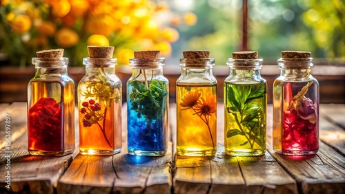 Colorful tinctures in glass bottles on wooden table present natural extracts with vibrant hues, perfect for apothecary, wellness, and alternative medicine concepts with a rustic charm
