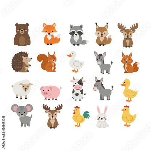 Funny set of cartoon farm animals vector illustration collection