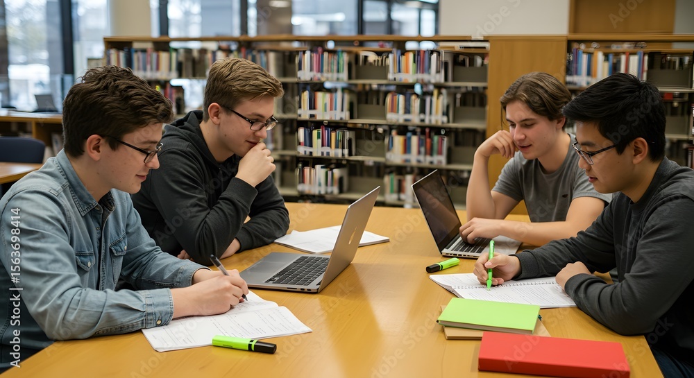 Students studying together in a library setting Students studying together in a library setting