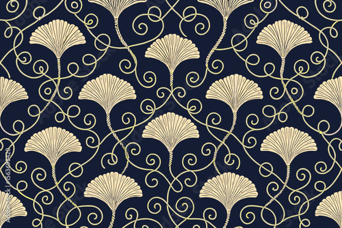 Elegant vintage floral pattern with gold fan shapes and swirling vines