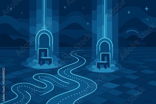 A tranquil futuristic scene with glowing, elevated chairs surrounded by soft clouds, connected by a winding path that leads into a distant landscape of mountains under a starlit sky.