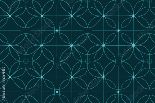 Geometric floral tile pattern with blue linework on dark background