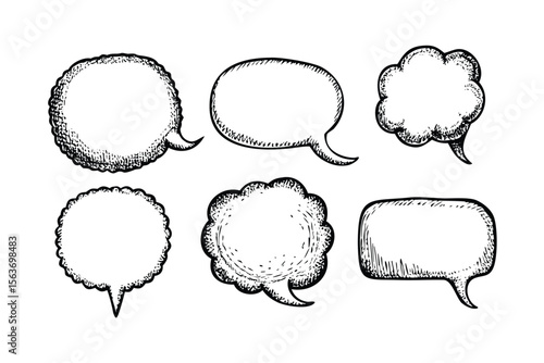 Speech Bubbles Vector Engraving Set. Detailed Monochrome Comic Dialogue Icons & Symbols. Vintage Stipple & Hatching Illustrations