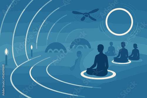 A tranquil, futuristic scene with meditating figures surrounded by glowing rings, candles, and soft arches, evoking serenity and balance in a blue-toned environment.