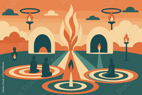 Stylized spiritual retreat scene with fire rituals and meditation circles