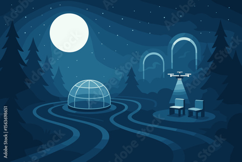 Futuristic forest scene with drone light, dome shelter, and moonlit path