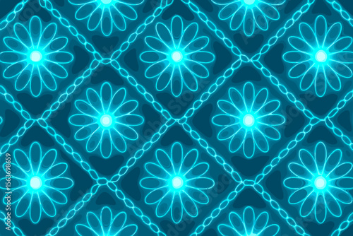 Seamless glowing floral pattern with neon daisy shapes and chain links