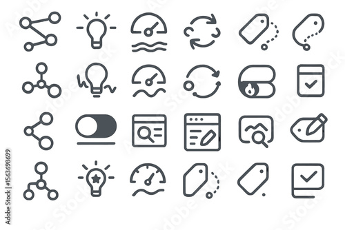 Set of 30 outline vector icons for UI/UX with tags, toggles, and analytics