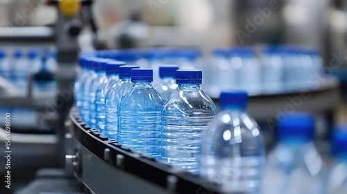 Wallpaper Mural Plastic water bottles with blue caps on a conveyor belt in a manufacturing or packaging facility. Torontodigital.ca