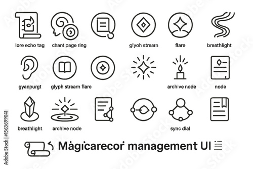 Fantasy-style UI icons labeled with magical terminology on dark background