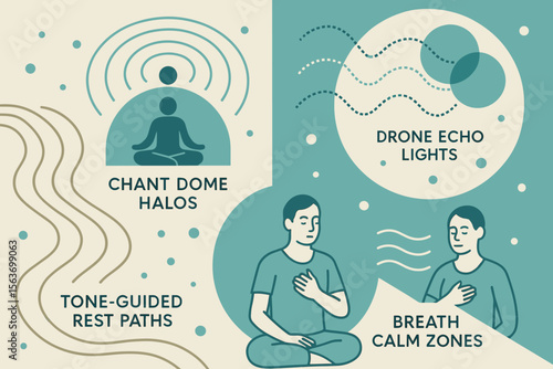 Illustrated wellness concept with labeled meditation zones and calming paths