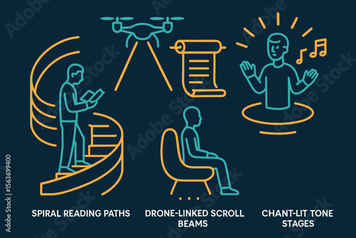 Stylized icons of reading, drones, scrolls, and chanting on dark background