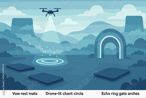 Futuristic landscape with drone-lit circle, echo arches, and rest mats