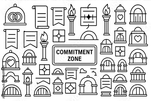 Outlined icon set of ceremonial arches, scrolls, and torches labeled "Commitment Zone"
