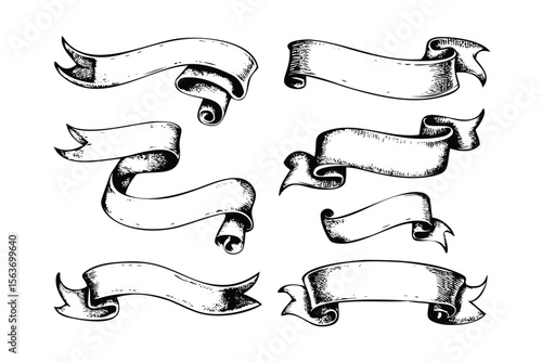 Scrolls & Ribbon Banners Vector Engraving Set. Detailed Monochrome Parchment Icons & Symbols. Vintage Stipple & Hatching Illustrations