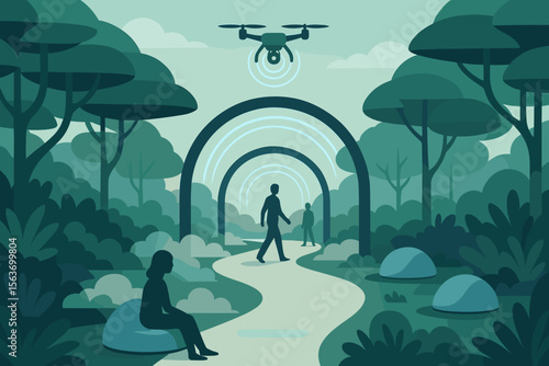 Futuristic forest path with wellness arches and a hovering drone