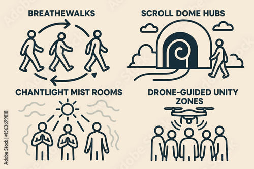 Illustrated concept icons for wellness zones including breathwalks and drone-guided areas