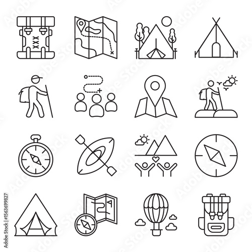 adventure travel set of web icons in line style. adventure travel, outdoor adventure, hiking trip and backpacking journey. Vector illustration.