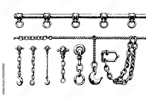 Chains & Hooks Vector Engraving Set. Detailed Monochrome Metal Icons & Symbols. Vintage Stipple & Hatching Industrial Illustrations