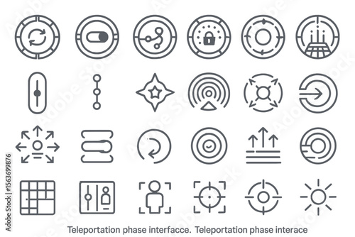 Futuristic icon set for teleportation phase interfaces with circular glyphs and symbols