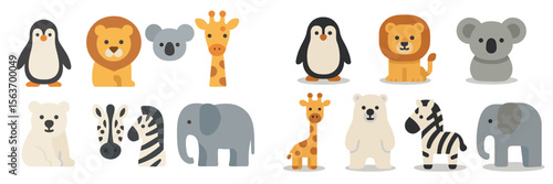 Cute cartoon animals arranged in rows showcasing diversity from different habitats and regions for educational purposes