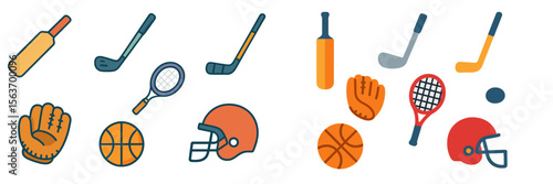 Diverse range of sports equipment displayed in colorful illustrations featuring various games and activities