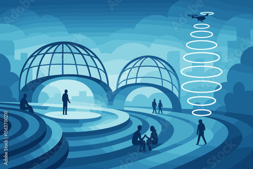 Futuristic city plaza with domes, people, and a hovering drone