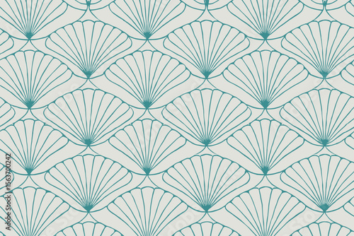 Seamless art deco shell pattern in teal on white background