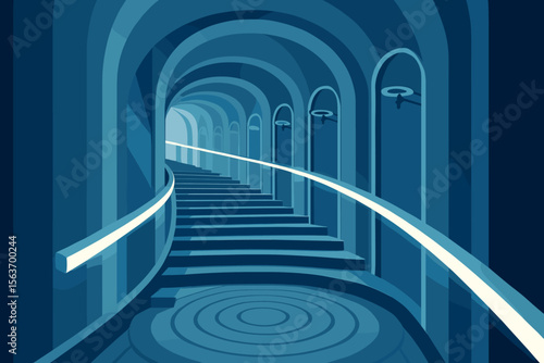 Futuristic blue staircase tunnel with glowing handrail and arches