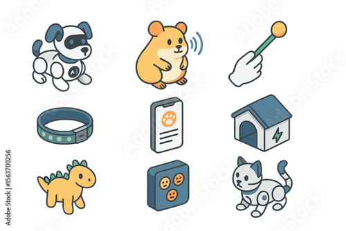 Colorful pet illustrations featuring a robot dog, a hamster, and a cat with accessories in a playful design setting