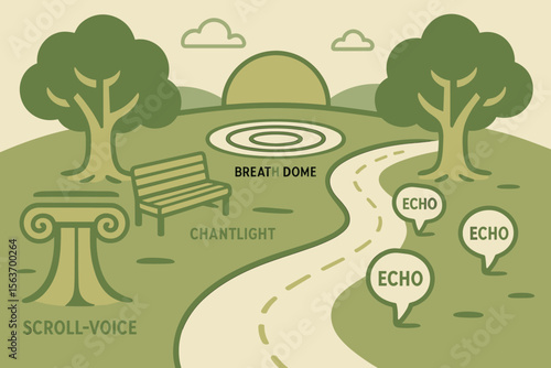 Whimsical park illustration with labeled mystical features