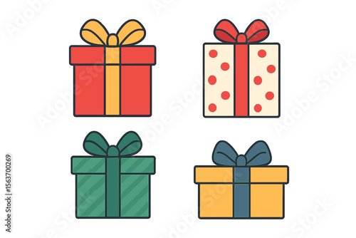 Colorful gift boxes arranged in a grid with various designs for celebration or special occasions