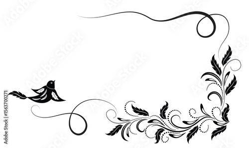 Decorative image stylized bird with floral flourish curling lines and leaf motifs in monochrome