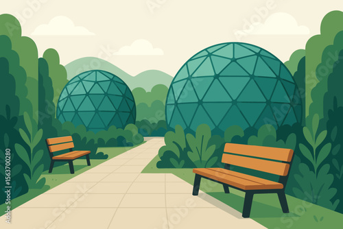 Illustrated park scene with geodesic domes and benches