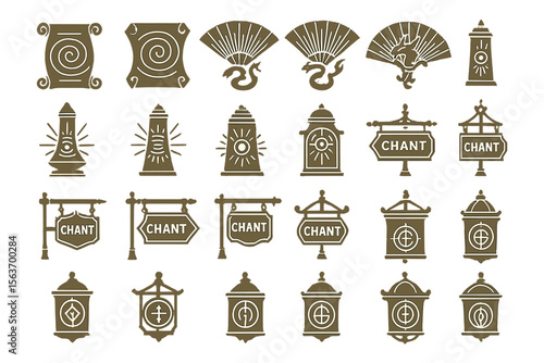 Set of ornate fantasy icons including scrolls, lanterns, and chant signs