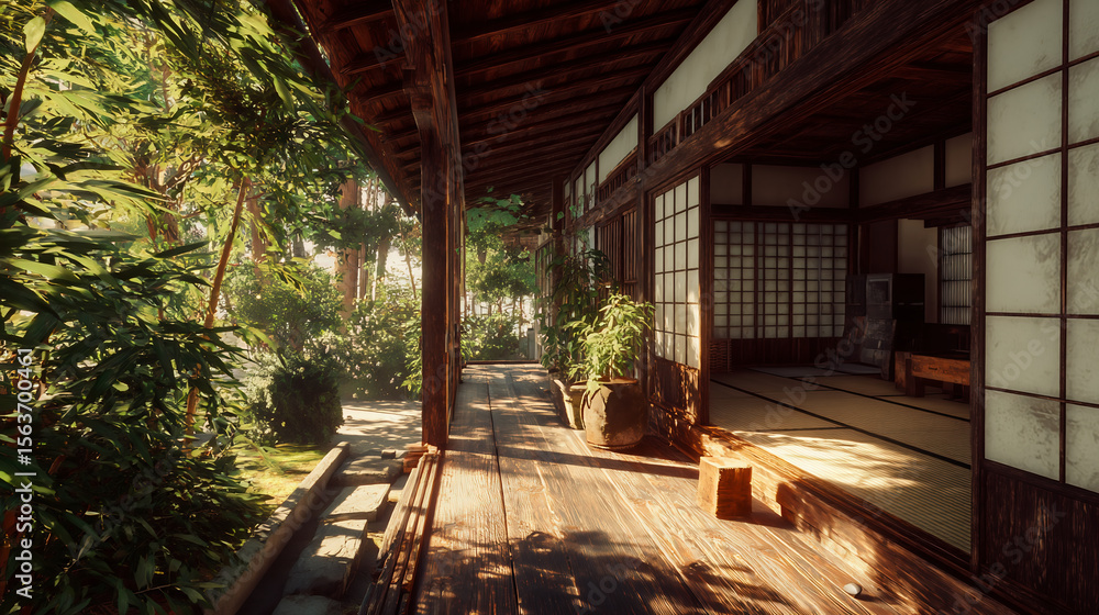 縁側に差し込む陽光と緑あふれる日本家屋の夏 縁側に差し込む陽光と緑あふれる日本家屋の夏