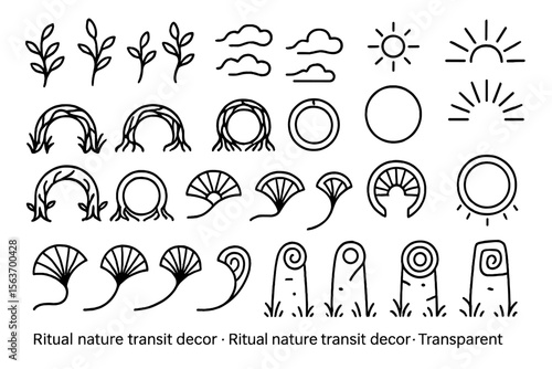 Set of ritual and nature-themed icons including arches, plants, and symbols