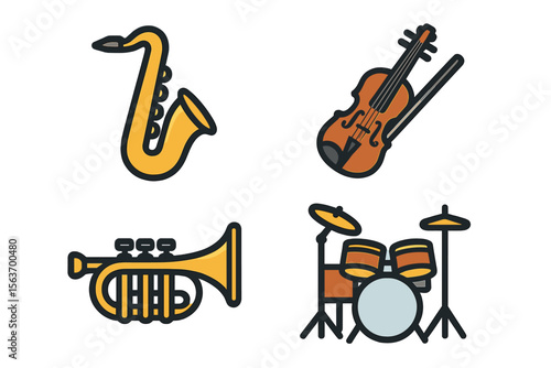 Variety of musical instruments displayed in a creative design featuring a saxophone, violin, trumpet, and drums