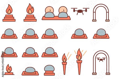 Set of ritual and torch icons with altars, flames, and drones