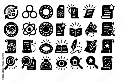 Set of magical and mystical icons including scrolls, books, and symbols