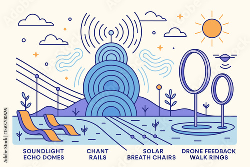 Futuristic wellness landscape with echo domes and feedback rings