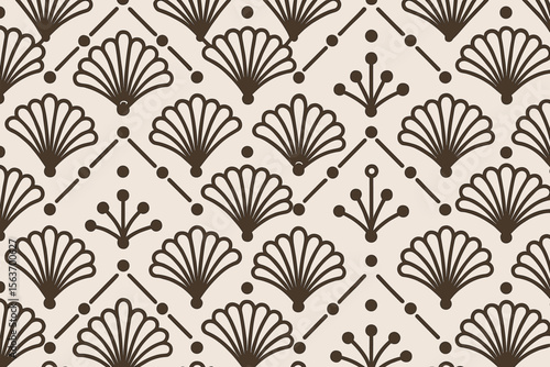 Seamless pattern featuring stylized fan shapes and decorative lines, creating a vintage and geometric design with a neutral background.