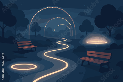 Serene nighttime park scene with glowing circular pathways, illuminated benches, and light arches creating a peaceful, futuristic atmosphere.