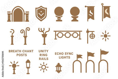 Set of mystical symbols, including banners, shields, posts, flags, and lights, representing unity, breath, chant, and synchronization.