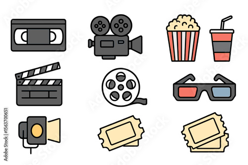 Film equipment and movie-themed items depicting a classic cinema experience with popcorn and tickets