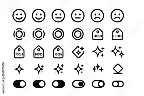 Set of icons including smiley faces, focus tags, sparkles, and toggle switches.